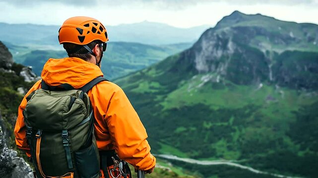An adventurous trekker in an orange windbreaker, with a sturdy backpack and climbing helmet, carefully climbs a rugged mountain ridge.