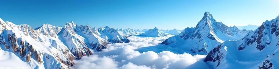 Naklejka premium A stunning panoramic view of the snow-capped Andean mountains under a clear blue sky, blue sky, scenic