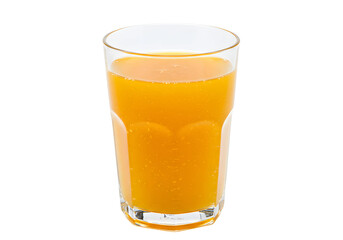 Clear glass of fresh orange juice with bubbles, bright and vibrant on white background