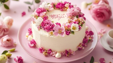festive Mother Day cake decorated with fresh flowers and a sweet message