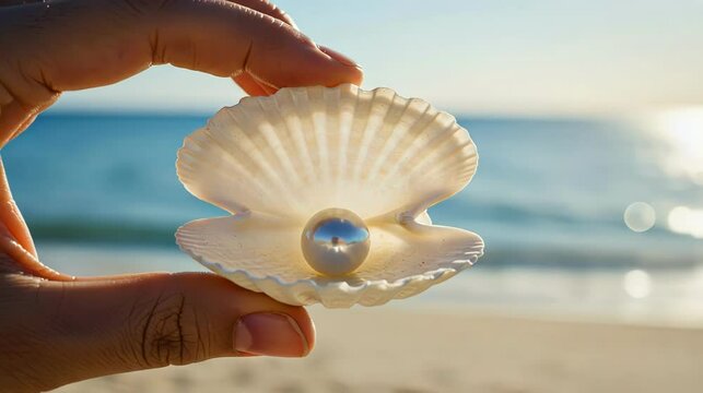 Hand holds open seashell with pearl inside against sunny beach background.