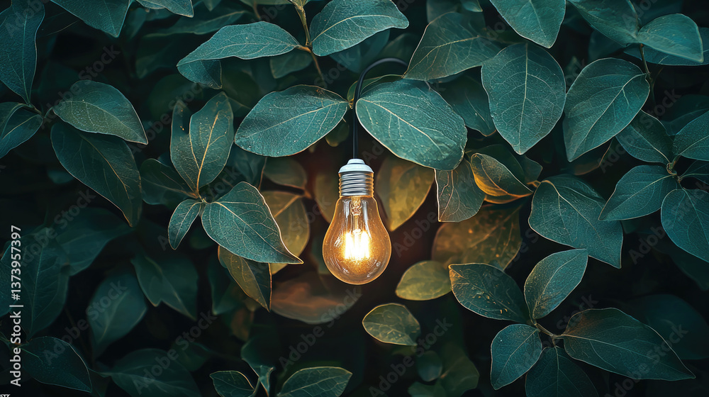 Aufkleber glowing light bulb hangs amidst lush green leaves, creating serene and enchanting atmosphere. contra