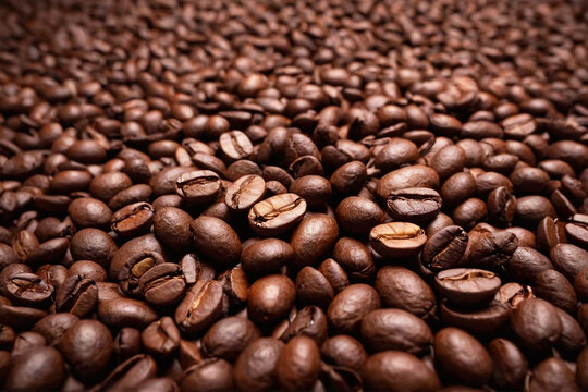 Close-up of Glossy Roasted Coffee Beans - Dark Brown Espresso Bean Texture Background