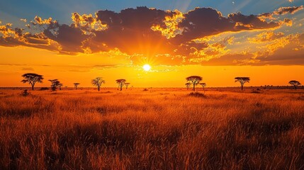 Obraz premium African savanna sunset, golden light, acacia trees, vast grasslands
