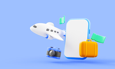3D travel booking icon with airplane and phone. Minimal 3D travel illustration showing airplane, mobile phone, camera and luggage for online booking or vacation planning.