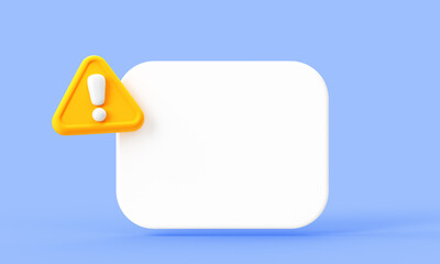 3D warning sign icon with blank space. 3D illustration of a warning alert icon next to a blank message board on a blue background for safety or caution concepts.