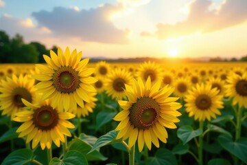 Fototapeta premium A vibrant field of sunflowers basking in the golden sunlight, beauty, plants