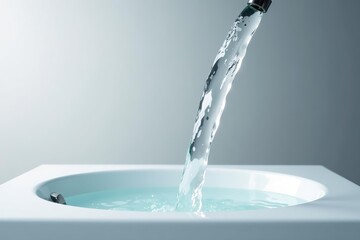 A powerful stream of water cascading down onto a clean white surface,  surface,  strong