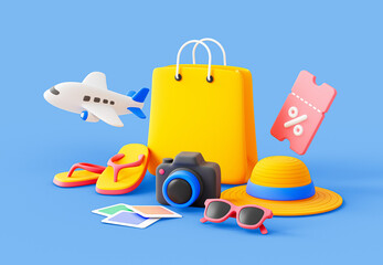 3D vacation travel icon set with airplane. Travel-themed 3D illustration with airplane, shopping bag, hat, camera, sunglasses, and discount ticket, ideal for summer holidays.