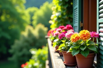 Colorful variety of flowers blooming in pots on a sunny balcony,  nature,  gardening