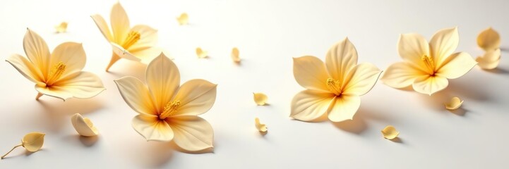 Obraz premium Beautiful 3D golden flowers floating on a pristine white background, spring, bright
