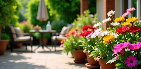 Fototapeta premium Beautiful assortment of colorful flowers blooming in various pots on a sunny patio, pots, vibrant