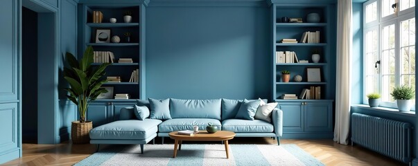 Beautiful blue modern home office wall shelving with a luxurious and classic cozy interior living room backdrop, perfect for virtual meetings,  zoom,  virtual meetings