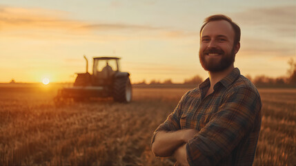Silhouette of ployed field sunrise landscape view. Happy farmer in the field, agriculture farmland plantation at sunset, rancher tractor cultivation. agricultural farmland plantation view
