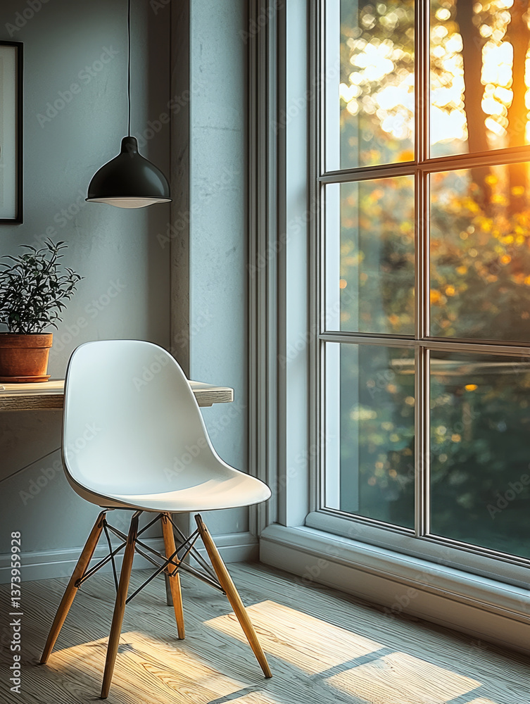 Aufkleber modern chair sits beside large window, illuminated by warm sunlight filtering through trees outside.