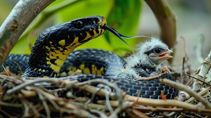 A striking image of a black and yellow snake coiled beside a young chick in a nest, showcasing nature's fascinating predator-prey relationship.