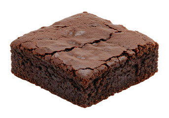 Single square of chocolate brownie, rich and moist texture visible, isolated on white background.
