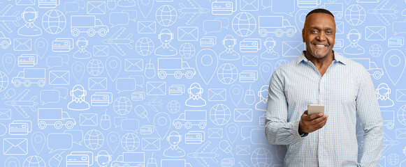 A buyer confidently holds a smartphone while interacting with an online shopping application. The...