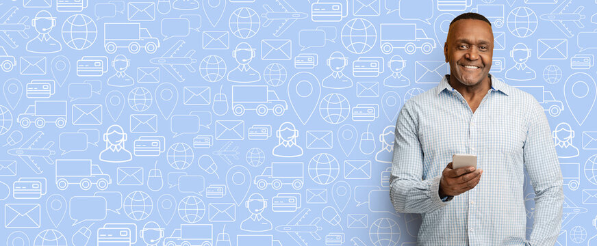 A buyer confidently holds a smartphone while interacting with an online shopping application. The background features a collage of delivery and communication icons, suggesting digital commerce.