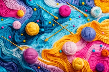 Colorful yarn balls and knitting needles arranged on a vibrant wavy fabric background with scattered small colored beads