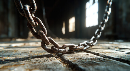 close up view of broken iron chain lying weathered wooden floor, illuminated by soft sunlight streaming through window, creating dramatic atmosphere. rusted links evoke sense of abandonment