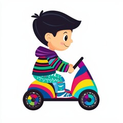 Obraz premium Joyful Cartoon Boy Riding a Rainbow Scooter