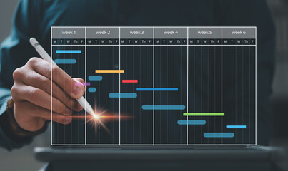 Businessman manage business schedule for efficient work. Virtual screen planner calendar. Work...