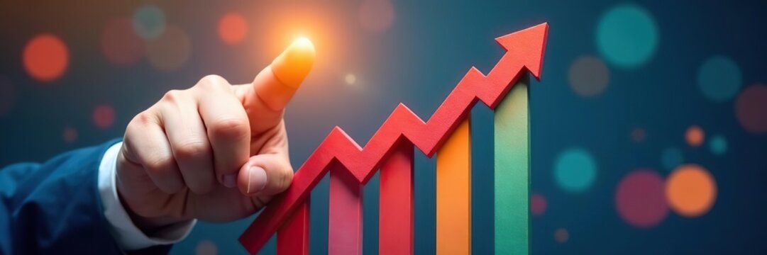 Hand pointing at success arrows on vibrant background representing business growth,  achievement,  business