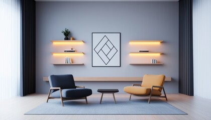 Modern living room featuring stylish chairs, minimalist shelves, and soft lighting, creating a cozy and inviting atmosphere.