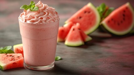 Pink Watermelon Smoothie in Glass with Whipped Cream and Mint, Summer Drink