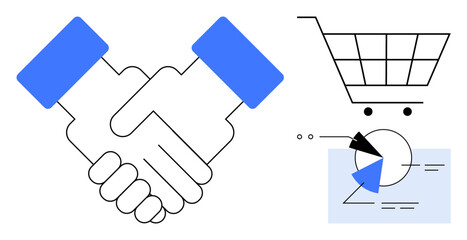 Handshake beside shopping cart and pie chart with data segments representing business collaboration, e-commerce, analytics. Ideal for deals, partnerships, teamwork, financial strategy, retail