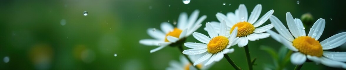 Obraz premium High speed photo capturing raindrops falling on a cluster of daisy flowers, colorful, high speed photography