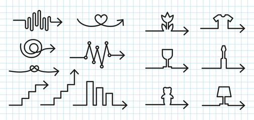 Simple hand drawn black arrow lines are set in a variety of styles. Simple guide lines in black color.