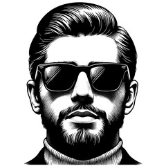 Fototapeta premium Mafioso man wearing a suit, tie, and sunglasses, exuding sophistication and elegance sketch engraving generative ai PNG illustration. Scratch board imitation. Black and white image.
