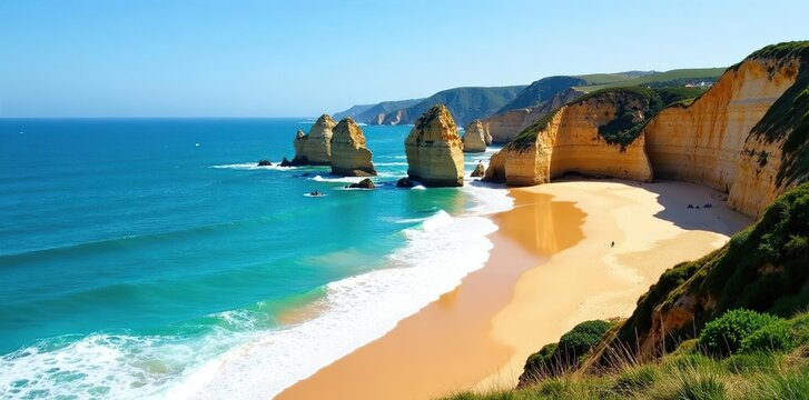 Idyllic Ursa beach with rugged cliffs and turquoise waters in Colares, Sintra, Lisbon region, Portugal,  Sintra,  waters