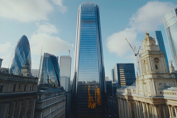 Naklejka premium Stunning cityscape showcasing modern skyscrapers and historical architecture in London, England. A blend of old and new, reflecting urban development and architectural diversity.