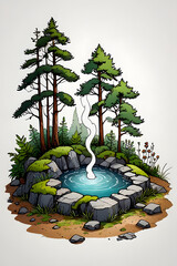 Illustration of a tranquil natural hot spring surrounded by trees and rocks in a serene landscape