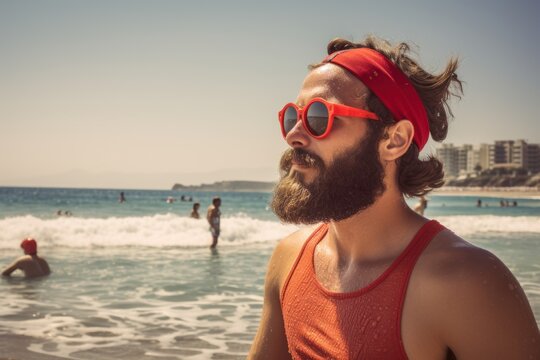 A man with a red bandana and sunglasses stands on the beach