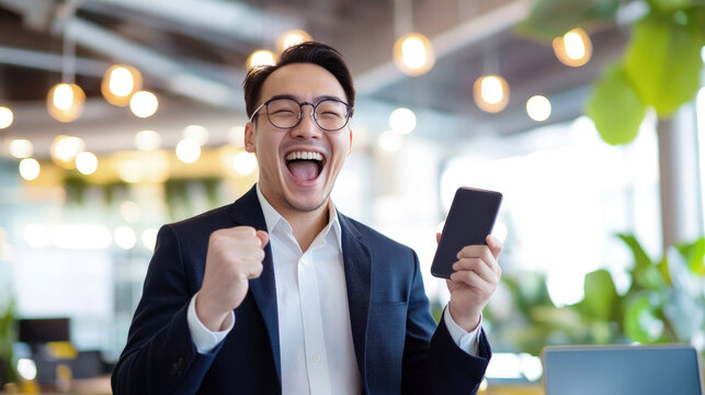 Happy Asian man celebrating success with a smartphone in hand in a modern office setting. Perfect for content related to success, achievement, business and technology.