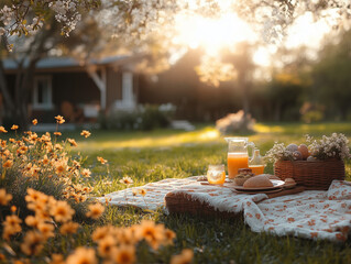 A serene, sunlit garden with flowers blooming and a picnic setup for Easter,