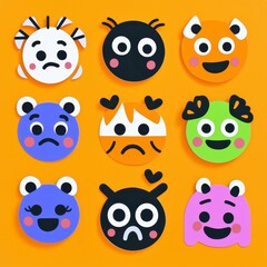 Obraz premium Nine Colorful Cartoon Characters with Various Expressions on Orange Background