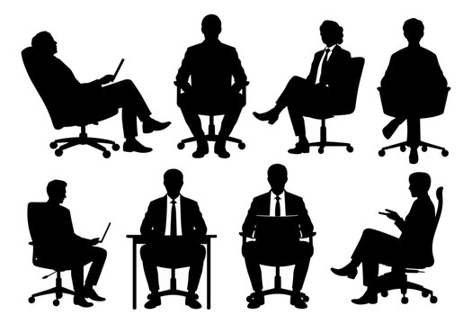 Silhouettes of business people sitting, men and women sit on armchair, office chair with laptop, tablet, front, side view. Vector illustration black on transparent background. Icons set, bundle.