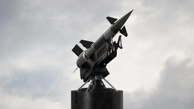 Single missile on a launcher, sky in background - 3D 4k animation (3840x2160px)