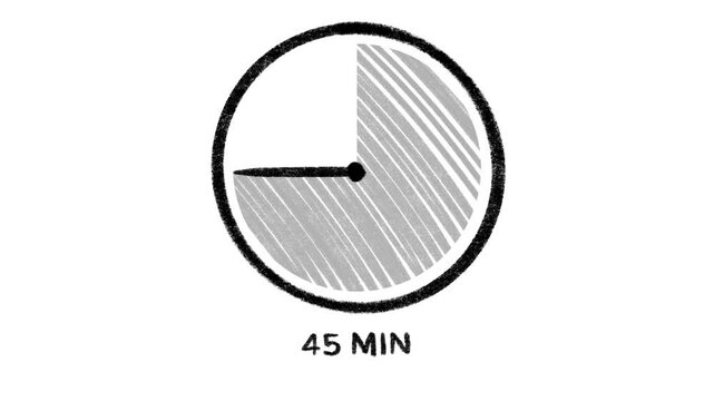 45 Minute Timer Animation. Hand Drawn Scribble Charcoal Style. Stop Motion, 4K. No Background, Alpha Channel. 