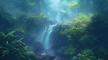Obraz premium Misty Waterfall Cascade in Lush Jungle, Tranquil Scene
