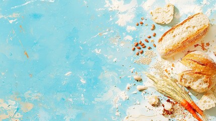 Wholesome watercolor illustration, minimal food scene featuring grains, beans, vegetables arranged on a neutral surface, vibrant colors, clean design, ample space for text in the center.