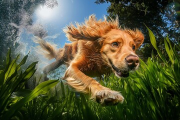 Energetic golden retriever diving underwater with vibrant green plants and sunlight creating a dynamic and thrilling action scene