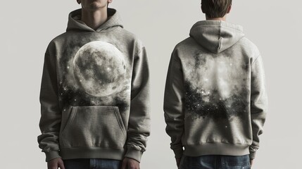 Ash gray male hoodie, front and back view, haunted skies theme, front has a small ghostly moon, back displays a foggy night sky with flickering constellations, white background, isolated, eerie 
