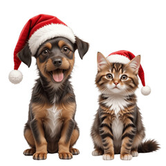 Dog and Cat in Santa hats transparent background