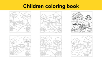 Fototapeta premium Scenic Nature Landscape: Garden with Trees, River, and Wooden Bridge Children's Coloring Book Illustration